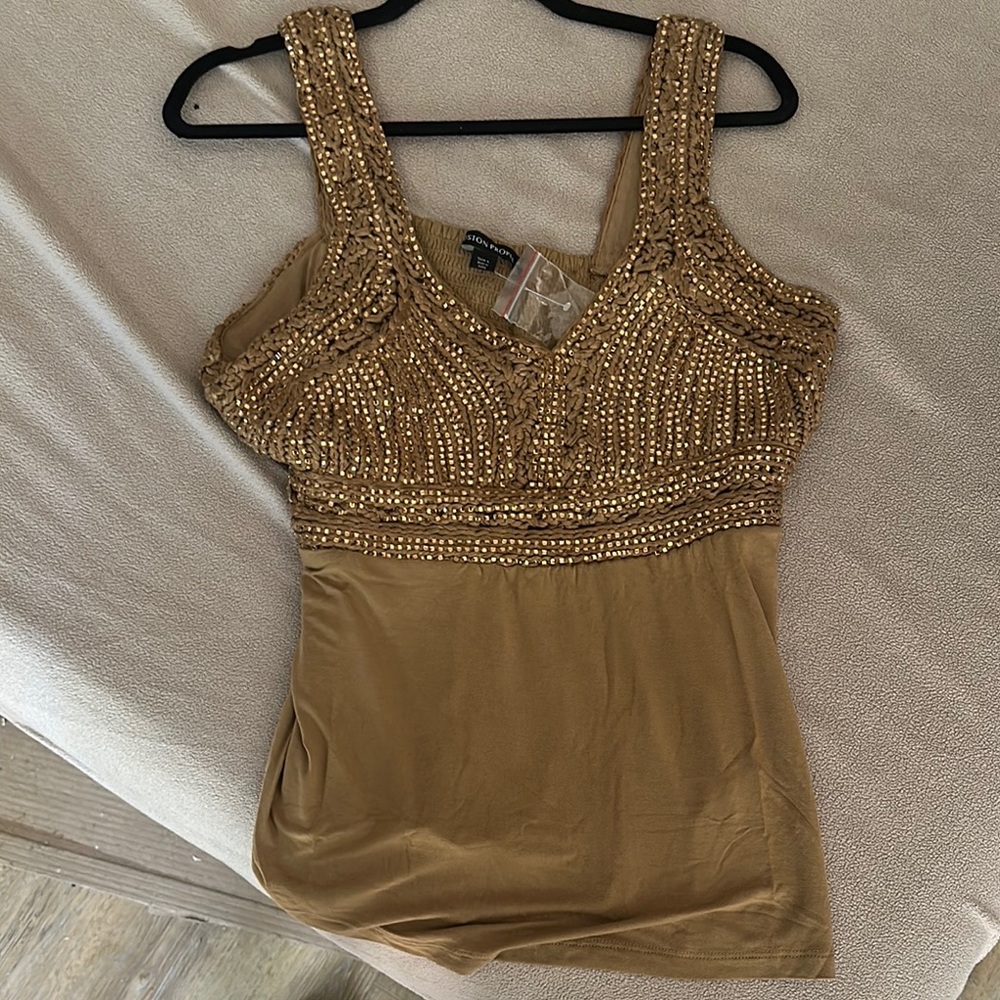 Boston Proper Tan Embellished Fitted Tank Top